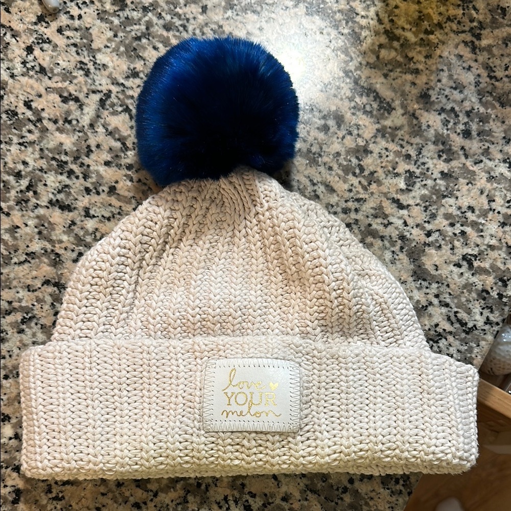 Love Your Melon Cream Beanie with Blue Pom